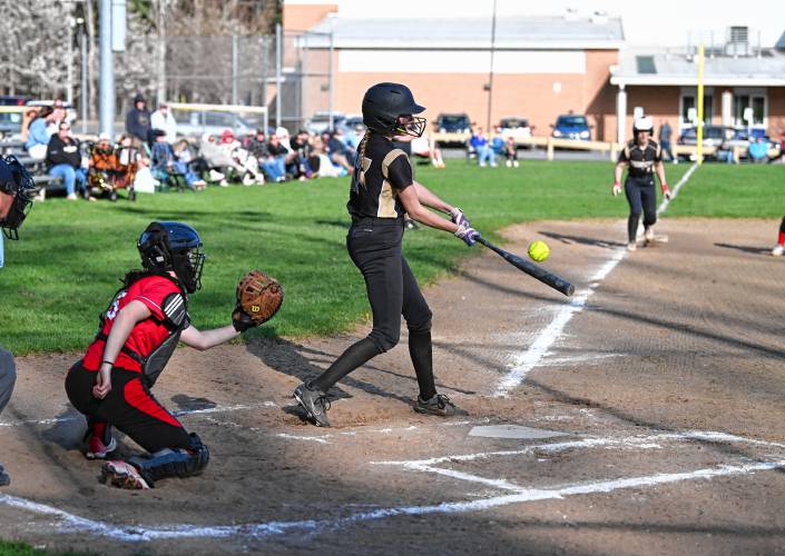 Pioneer’s Abbie Ray drives in a run with a base hit against Athol in Northfield on Tuesday. 
